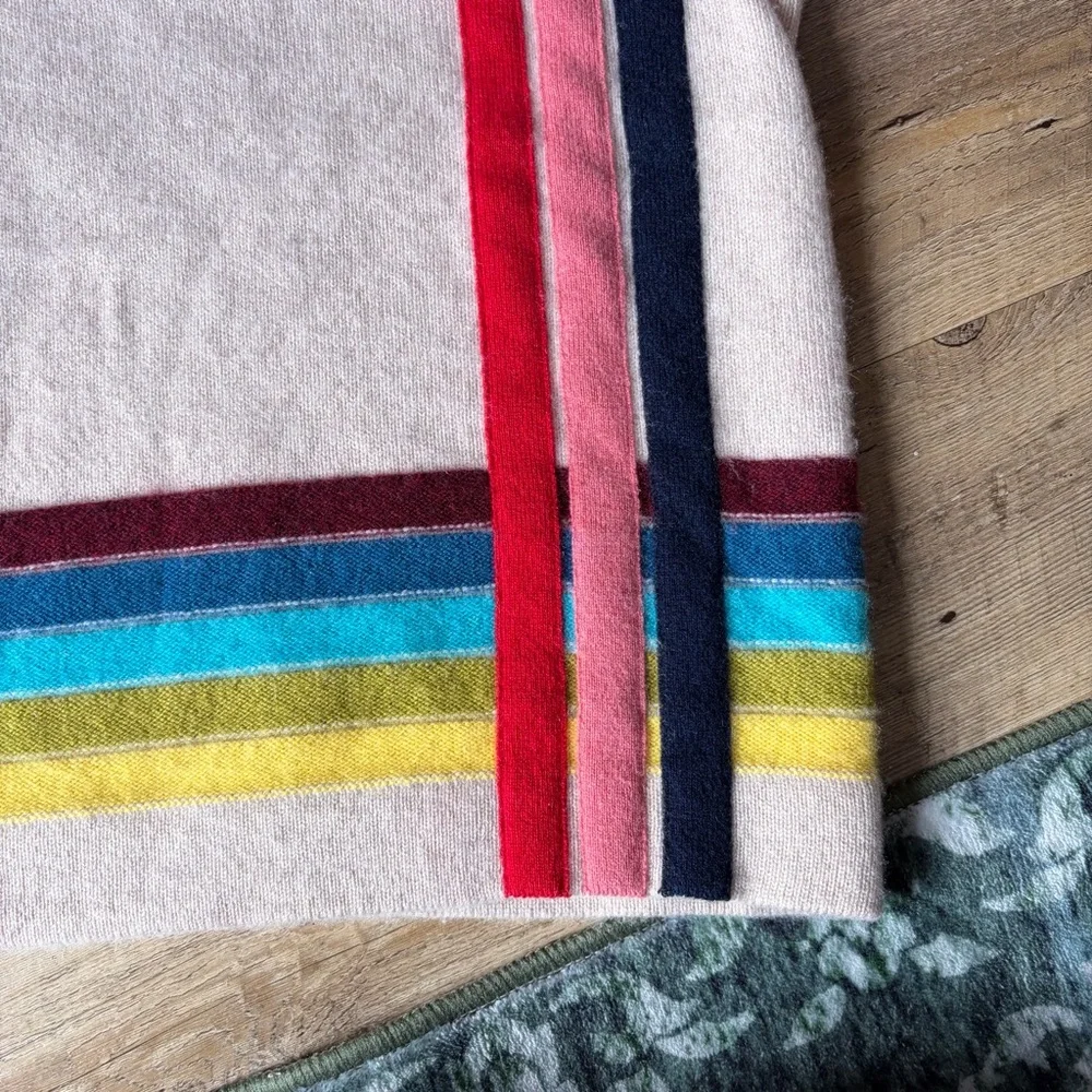 Tory Burch Oatmeal Rainbow Stripe Cashmere Crewneck Sweater